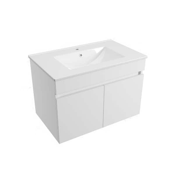 ANGELES HOME 30 in. W Wall Mounted Plywood Bathroom Vanity with Integrated Ceramic Sink, Soft Close Doors, White