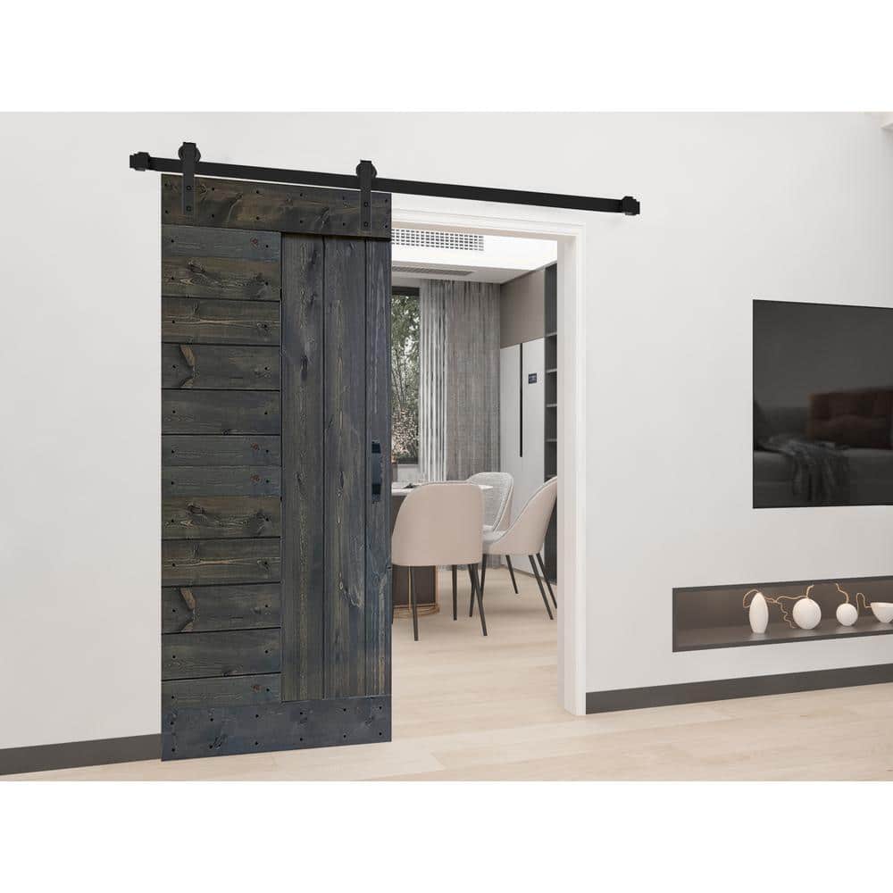 Carbon Gray Solid Knotty Pine Sliding Barn Door Kit with Black Hardware
