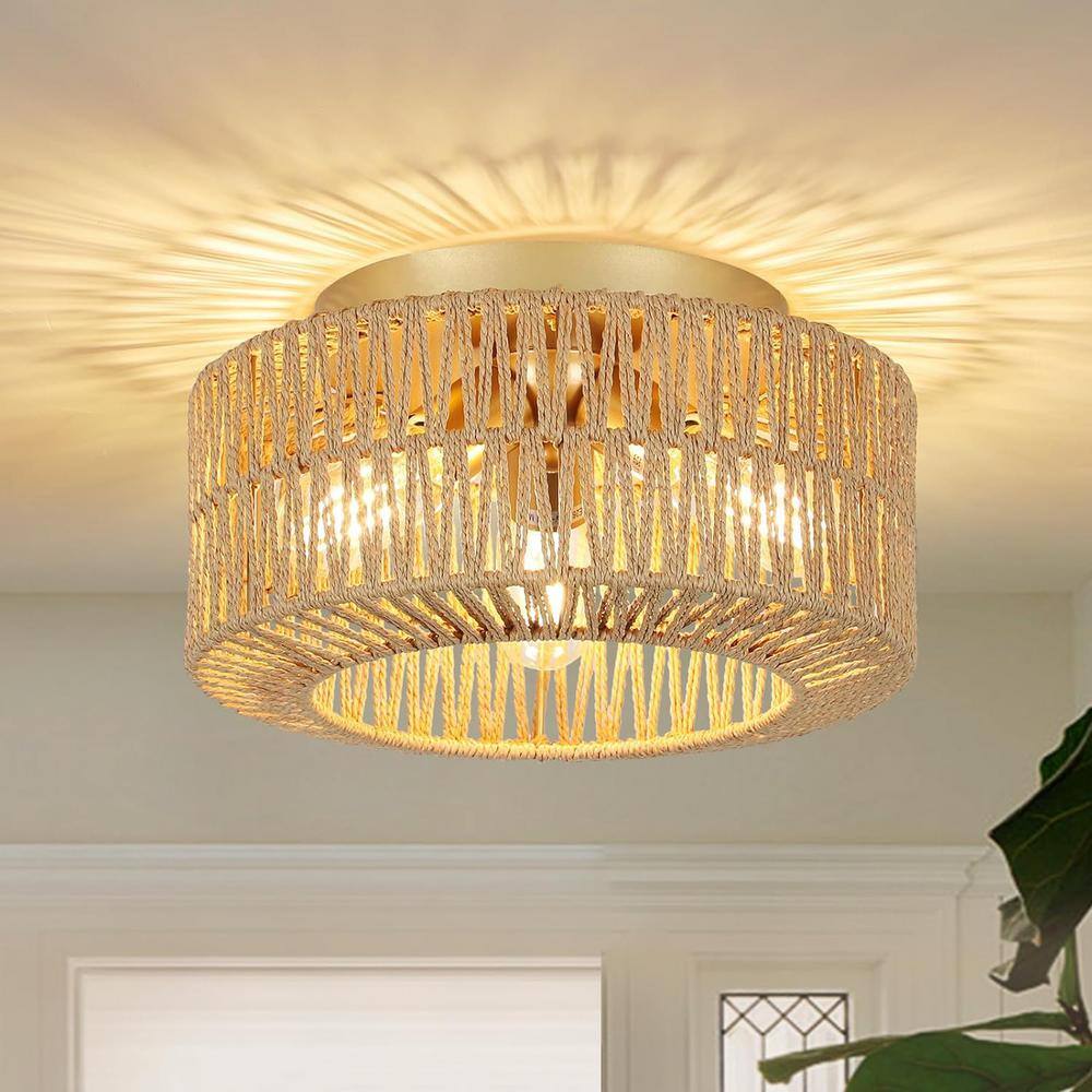 3-Light Brown Plus Gold Rattan Chandelier, Flush Mount Ceiling Light with Hand-Woven Shade price history on PriceWatchPro