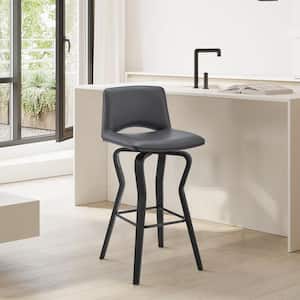 Gerty 30-40 in. Bar Height Low Back Swivel Grey Faux Leather and Black Wood Bar Stool