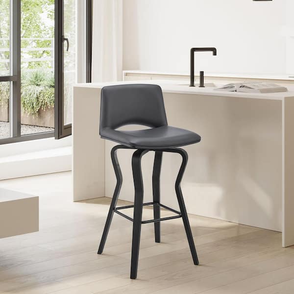 Armen Living Gerty 30-40 in. Bar Height Low Back Swivel Grey Faux Leather and Black Wood Bar Stool