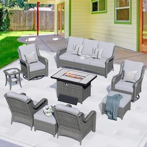Oreille Gray 9-Piece Wicker Outdoor Patio Conversation Sofa Set with a Rectangle Firepit and Light Gray Cushions