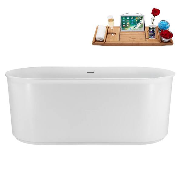 Streamline 59 in. x 28 in. Acrylic Freestanding Soaking Bathtub in Glossy White with Matte Oil Rubbed Bronze Drain, Bamboo Tray