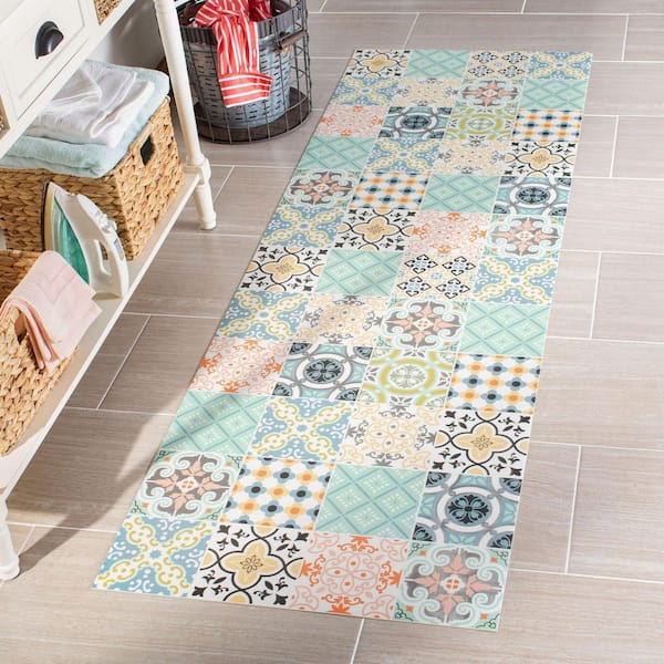 Vinyl Floor 2 ft. x 7 ft. Blue/Yellow Abstract Geometric Runner Rug