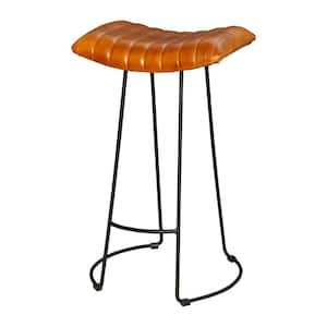 Industrial 30 in. Tan Brown and Black Barstool with Curved Leather Seat and Tubular Frame