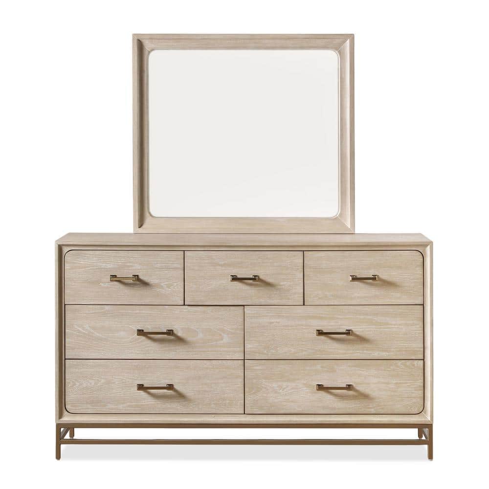 Light Oak Mid-century Dresser with Mirror and Brass Accents