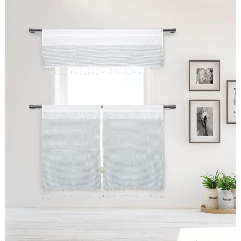 Marguerite White-Grey Cotton LightFiltering Rod Pocket Kitchen Curtain & T