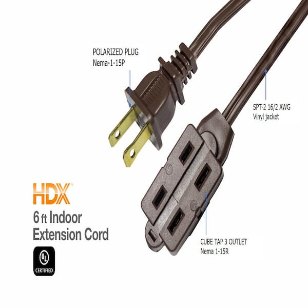 HDX 6 ft. 16/2 in. Extension Cord Cube Tap in Brown HD#144