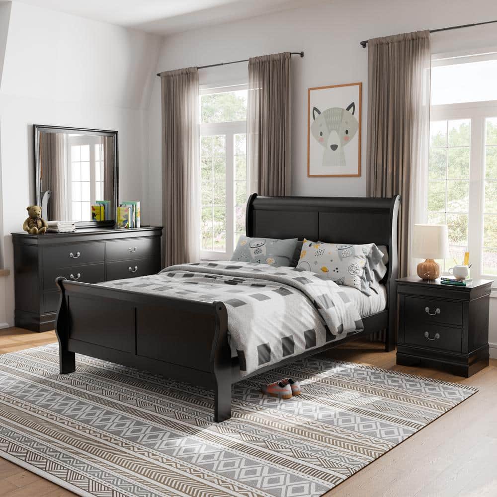Black Solid Wood Sleigh Full Bed Frame with Headboard