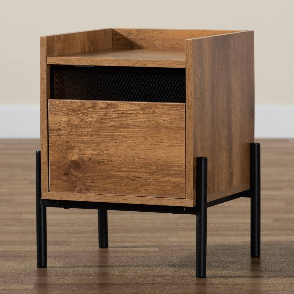 Tasman Natural Brown Wood and Black Metal End Table with Storage