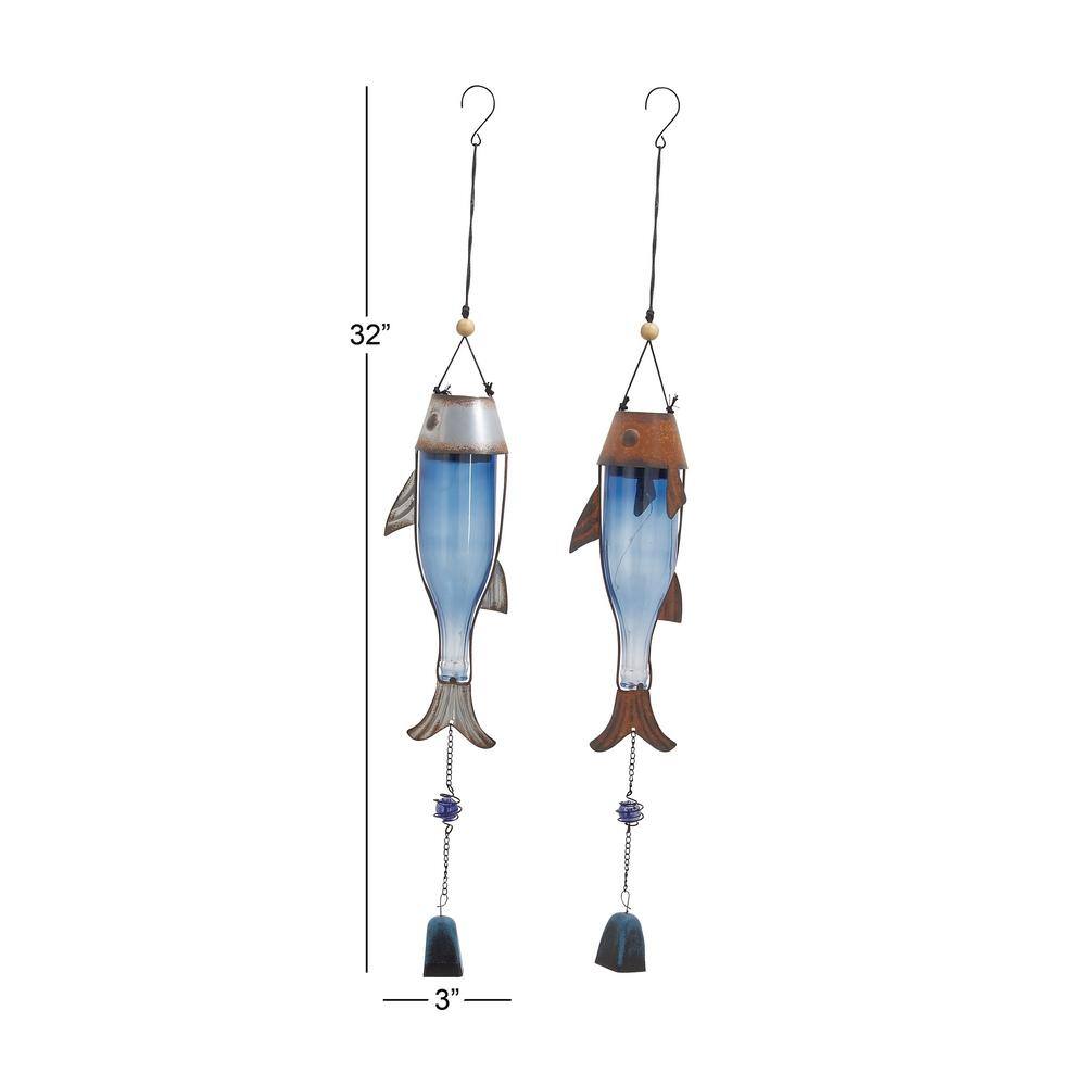 Blue Glass and Metal Fish Wind Chimes with Beads, Set of 2