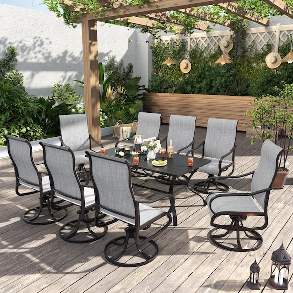 Light Gray Iron Metal 8-Person Outdoor Dining Set With 30 in. x 53 in. Rectangular Table, Number of 9 Pieces.