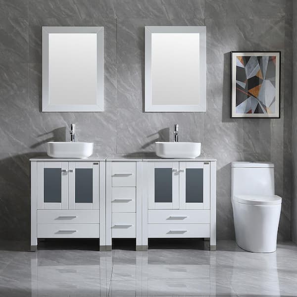 60 in. Double Ceramic Rounded Square White Sinks Freestanding White Bath Vanity with White Solid Surface Top and Mirrors