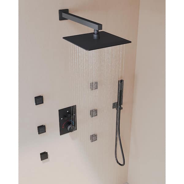 GRANDJOY Multiple Press 7-Spray Wall Mount 12 in. Fixed and Handheld Dual Shower Head 2.49 GPM in Matte Black Valve Included