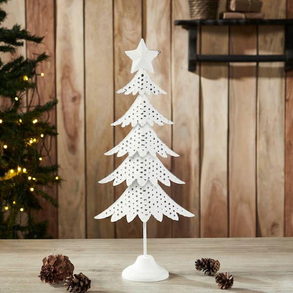 VHC BRANDS 18 in. Antique White Metal Christmas Tree Figurine