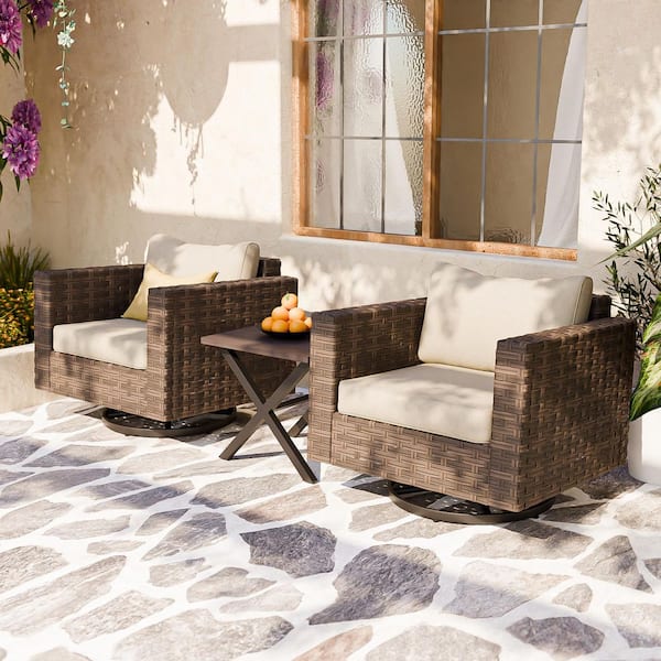 3-Piece Brown Swivel Wicker Outdoor Patio Conversation Set with Beige Cushions, with Coffee Side Table
