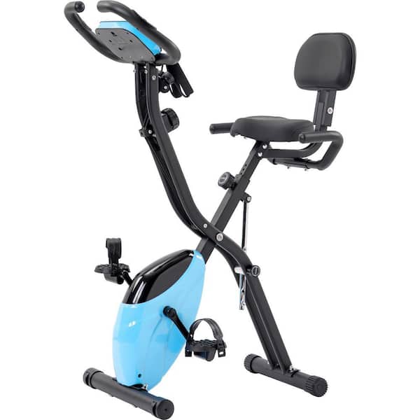 Amucolo Light Blue Folding Exercise Bike, Fitness Upright and Recumbent X-Bike with 10-Level Adjustable Resistance