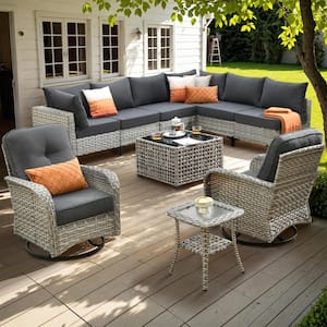 Aquarius 10-Piece Wicker Patio Conversation Seating Sofa Set with Black Cushions and Swivel Rocking Chairs