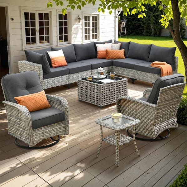 XIZZI Aquarius 10-Piece Wicker Patio Conversation Seating Sofa Set with Black Cushions and Swivel Rocking Chairs
