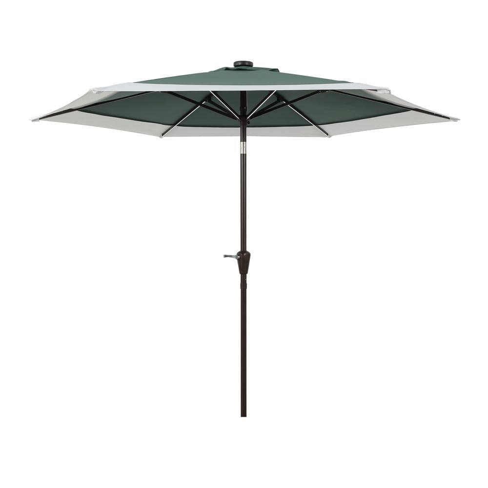 Spencer 9 ft. Green and White Aluminum Coastal Patio Umbrella with LED Lights