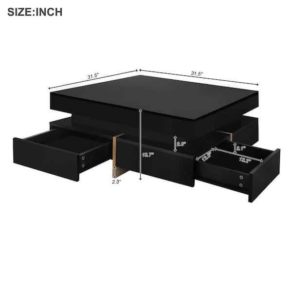 31.5 in. Black Square Wood Coffee Table with 4 Drawers and Wood Grain Legs