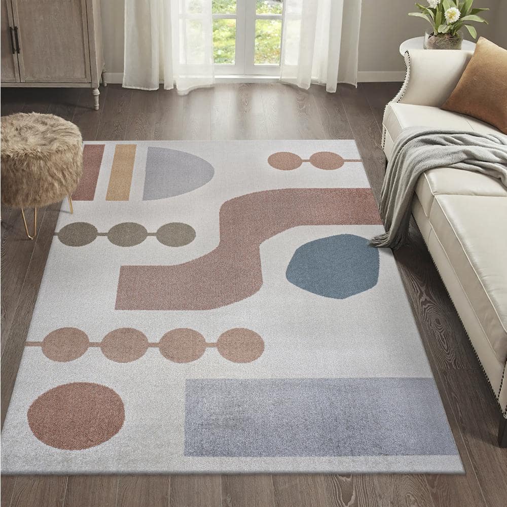 Cream and Multi Abstract Washable Kids Area Rug 4' x 6'