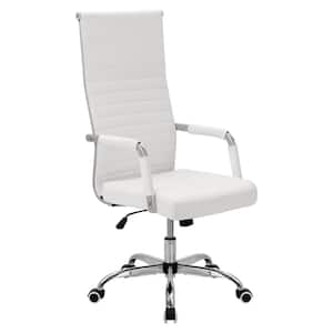 White Ribbed Office Chair High Back PU Leather Executive Conference Chair Adjustable Swivel Chair