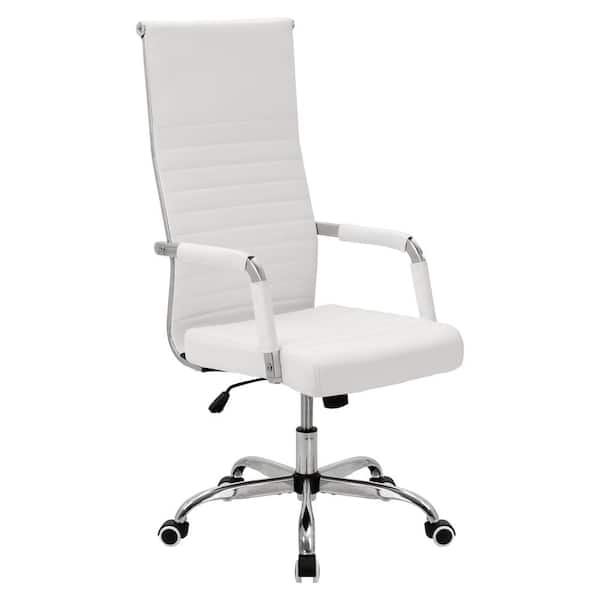 Furniwell White Ribbed Office Chair, High Back Leather Office Chair White