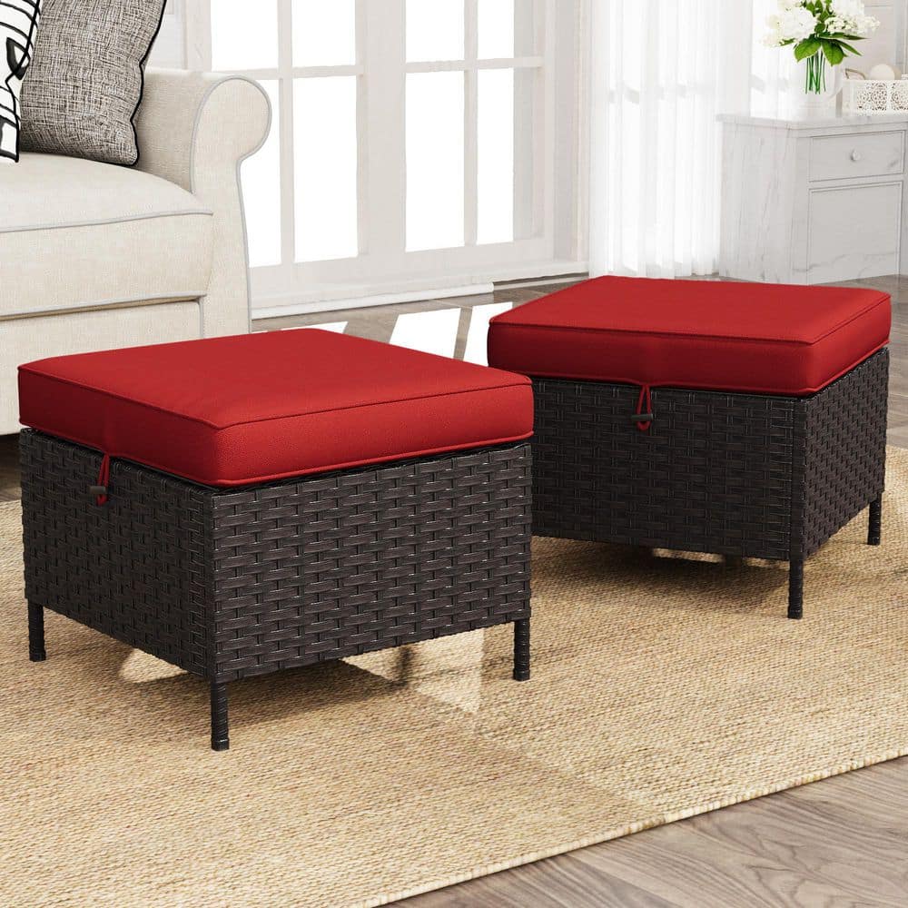 2-Piece Wicker Outdoor Patio Ottoman with Soft Zippered Red Cushions