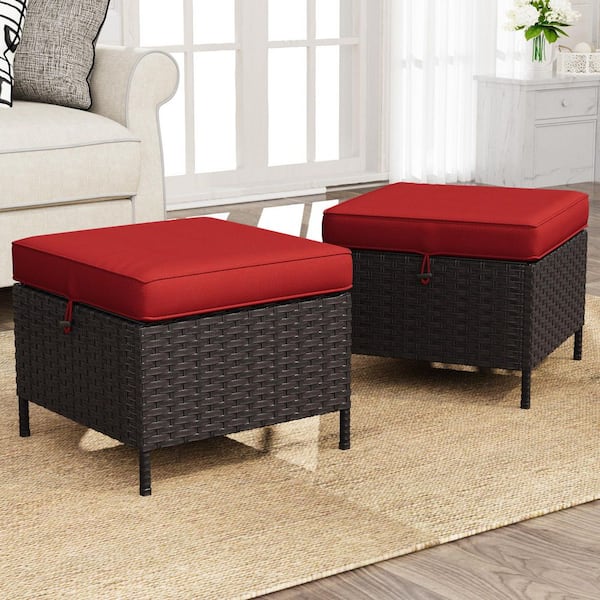 2-Piece Wicker Outdoor Patio Ottoman with Soft Zippered Red Cushions