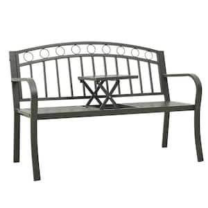 49.2 in. 2-Person Gray Steel Outdoor Bench with Folding Table