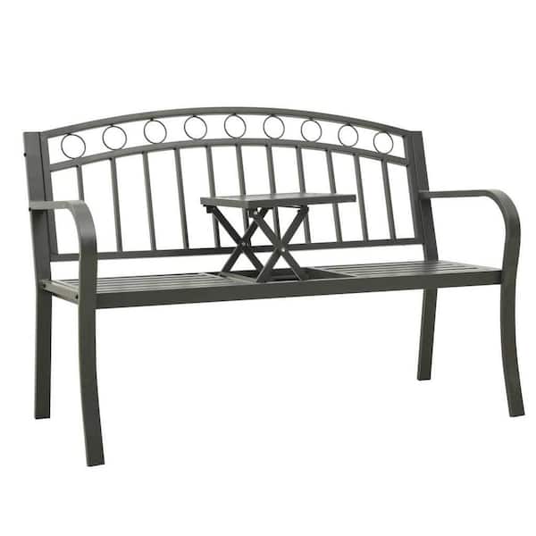 TIRAMISUBEST 49.2 in. 2-Person Gray Steel Outdoor Bench with Folding Table