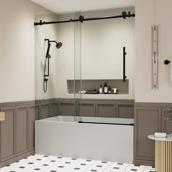 LORDEAR 60 in.W x 60 in.H Double Sliding Frameless Tub Door in Matte Black with 5/16in.Tempered Clear Glass