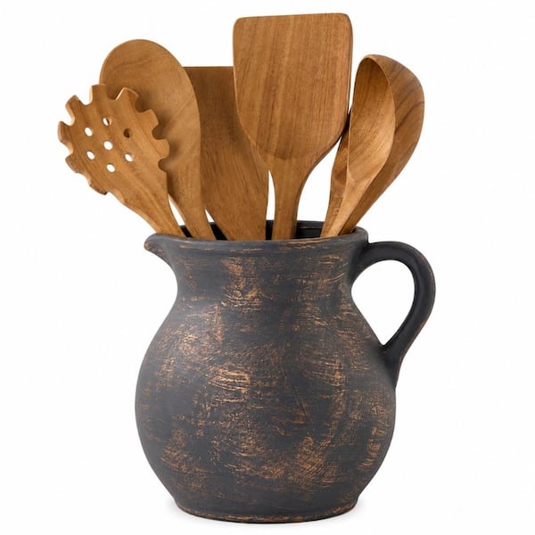 Black Gold Ceramic Utensil Holder Vintage Pitcher Shape Rustic Kitchen Countertop Crock