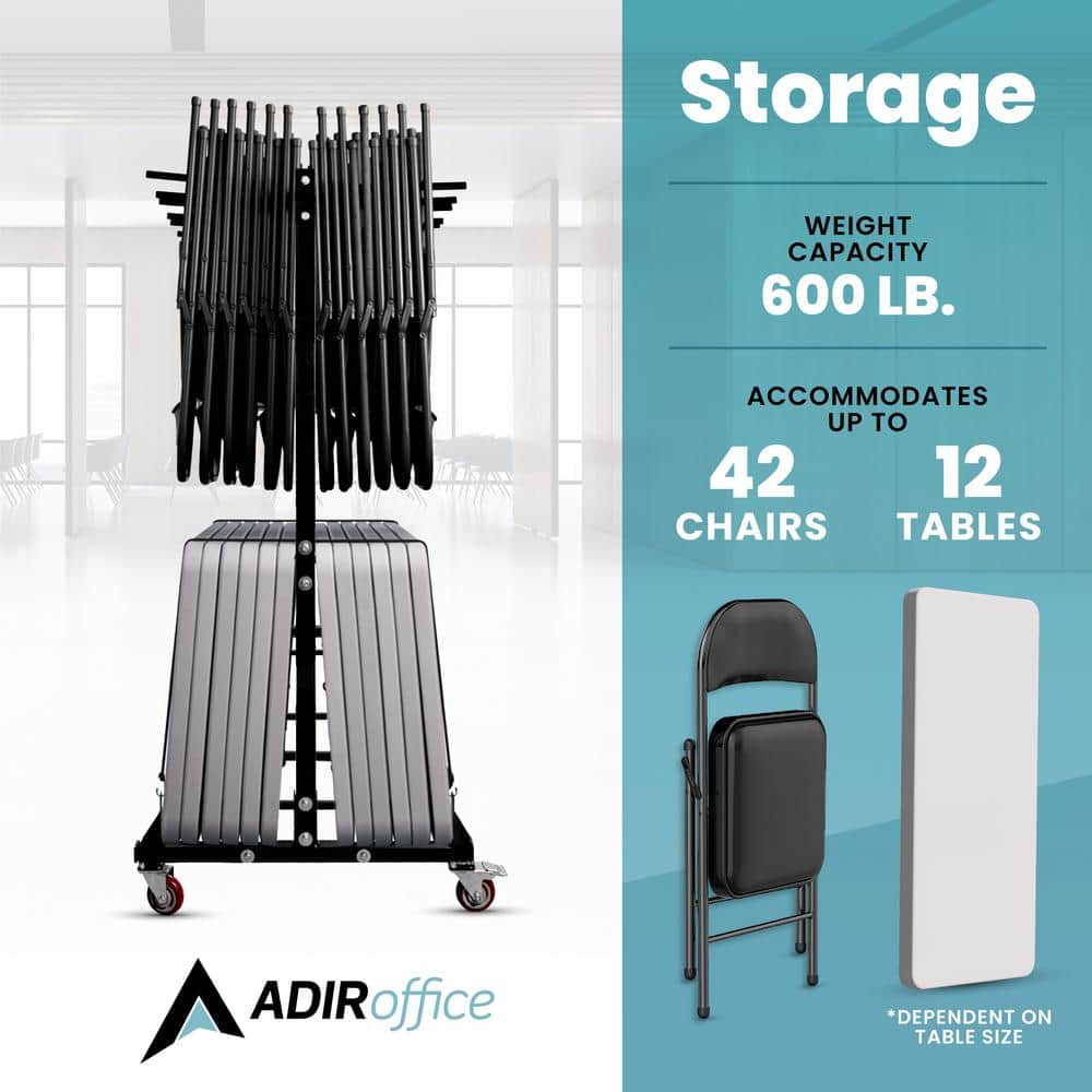 Black Steel Folding Chair and Table Storage Cart with Wheels