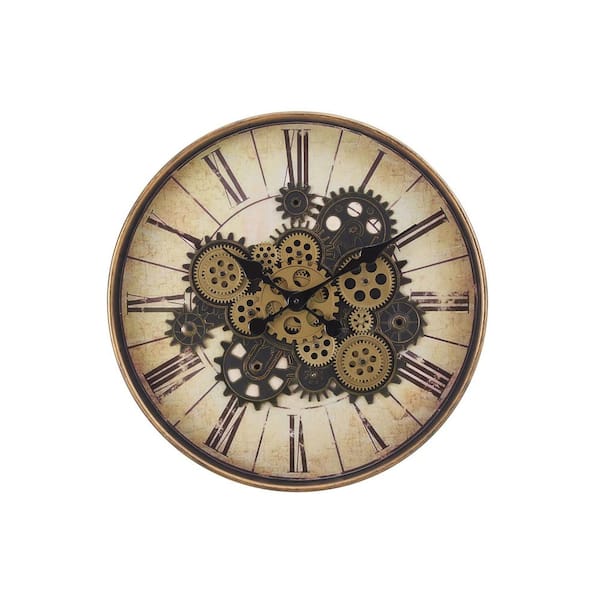 Unbranded 20 in. Round Brown Wall Clock with Working Gear Mechanism-Industrial-Vintage Transitional Style