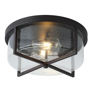 11.8 in. 2-Light Farmhouse Flush Mount Ceiling Light Fixture with Seeded Glass Shade
