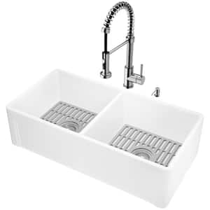 Matte Stone White Composite 36 in. Double Bowl Farmhouse Kitchen Sink with Faucet in Stainless Steel and Accessories
