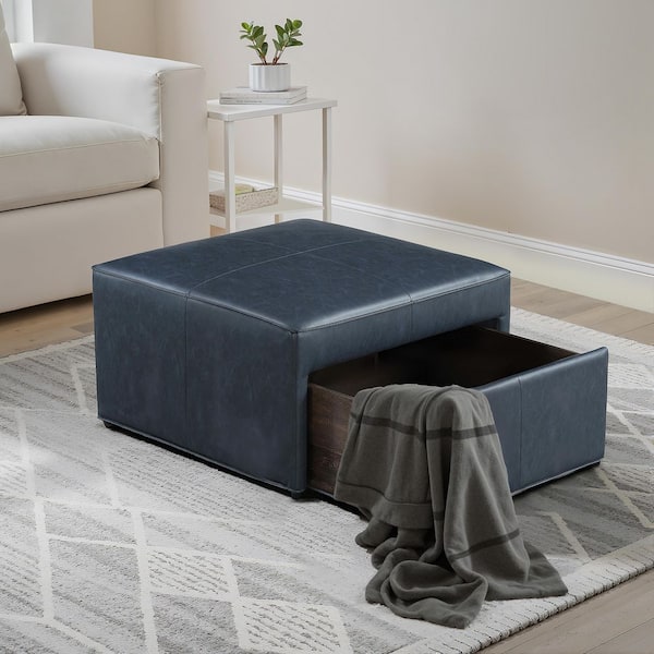 Haverford Navy Faux Leather Storage Ottoman