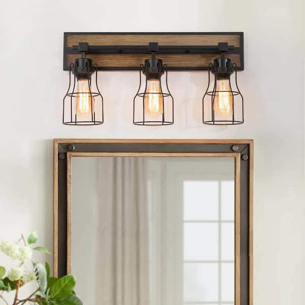 LNC Black Vanity Light 3-Light Farmhouse Vanity Light Industrial Wall Sconce Bathroom Wall Light with Faux Wood Accents