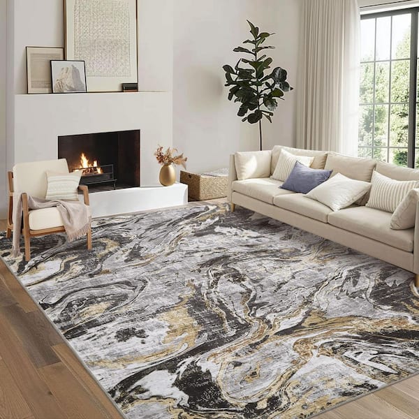 Gray 5 ft. x 7 ft. Modern Abstract Foldable Machine Washable Polyester Area Rug