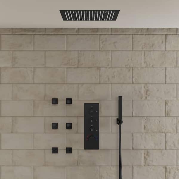 GRANDJOY RBG LED with Thermostatic Valve 7-Spray Ceiling Mount 20 in. Dual Fixed and Handheld Shower Head 2.5 GPM in Matte Black