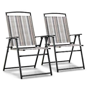 Patio Folding Sling Chairs Outdoor Dining Chair Armrest Backrest Set of 2
