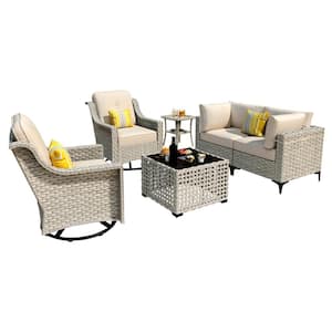 Thor 6-Piece Wicker Patio Conversation Seating Sofa Set with Beige Cushions and Swivel Rocking Chairs