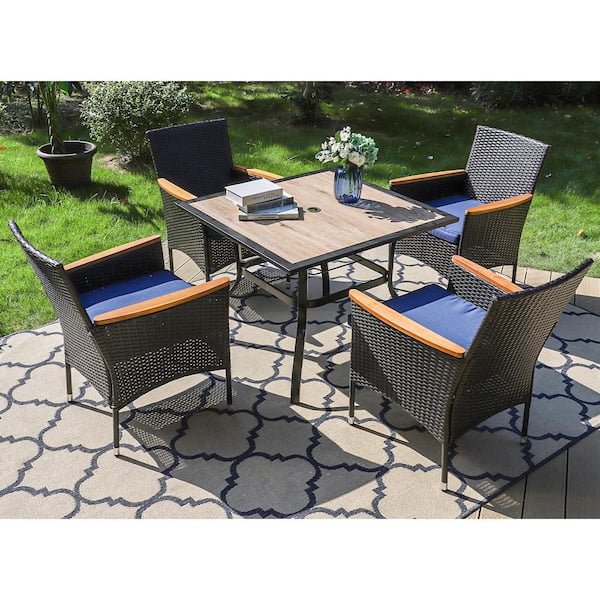 PHI VILLA Black 5 Piece Metal Patio Outdoor Dining Set with Wood