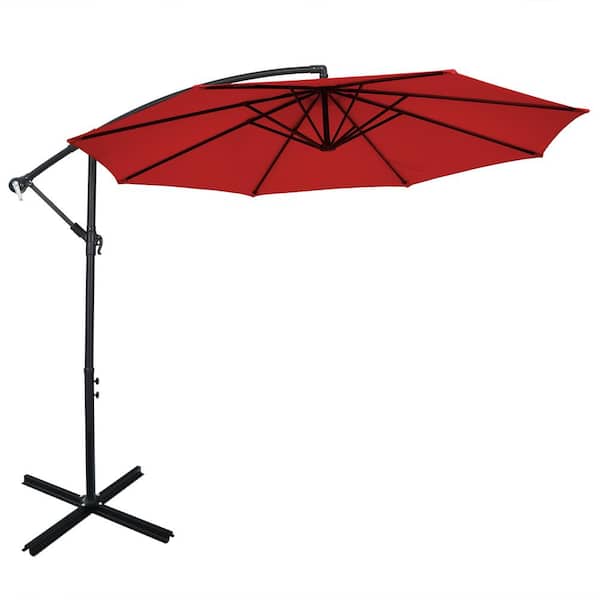 HONEY JOY 10 ft. Offset 8 Ribs Metal Cantilever Patio Umbrella with Crank for Poolside Yard Lawn Garden in Red