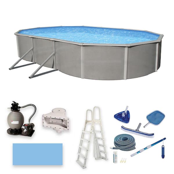 Belize 15 ft. x 30 ft. Oval x 52 in. Deep Metal Wall Above Ground Pool Package with 6 in. Top Rail