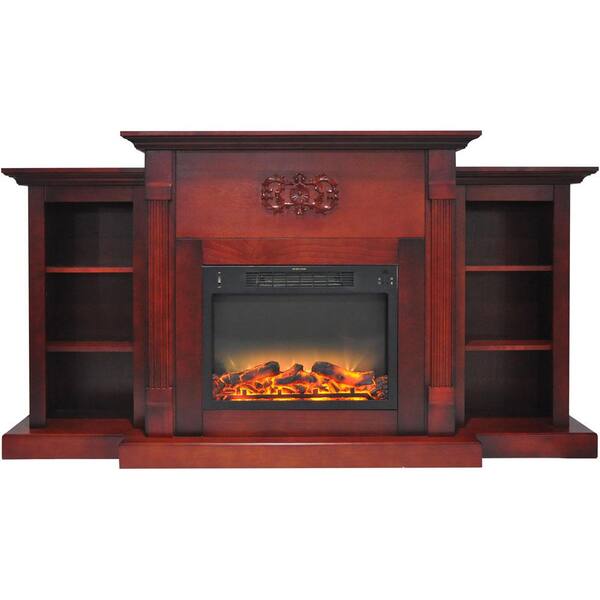 Hanover Classic 72 in. Electric Fireplace in Cherry with Bookshelves and Enhanced Log Display