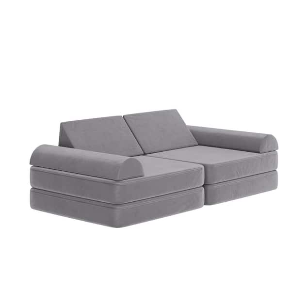 Carnegy Avenue Marlowe Gray Folding Upholstered 56 in. Modular Kids Play Couch with 6-Soft Foam Sectional Sofa Pieces