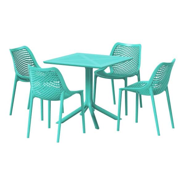 Frond&Form Turquoise Plastic All Weather 5-Piece Square Table Modern Outdoor Patio Dining Set w/ 4 Stackable Chairs